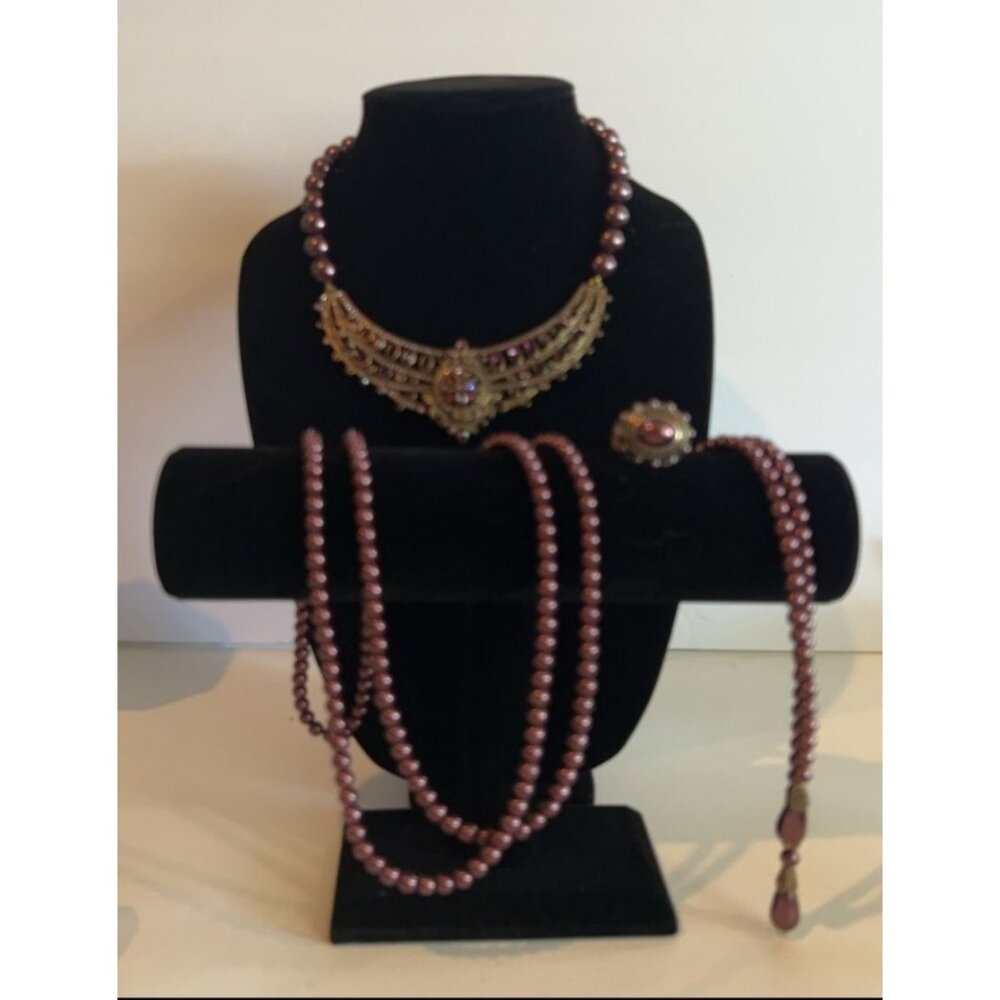 Heidi Daus 3pc: Pearl Rhinestone Beaded Statement Necklace,  Long Pearl Strand &